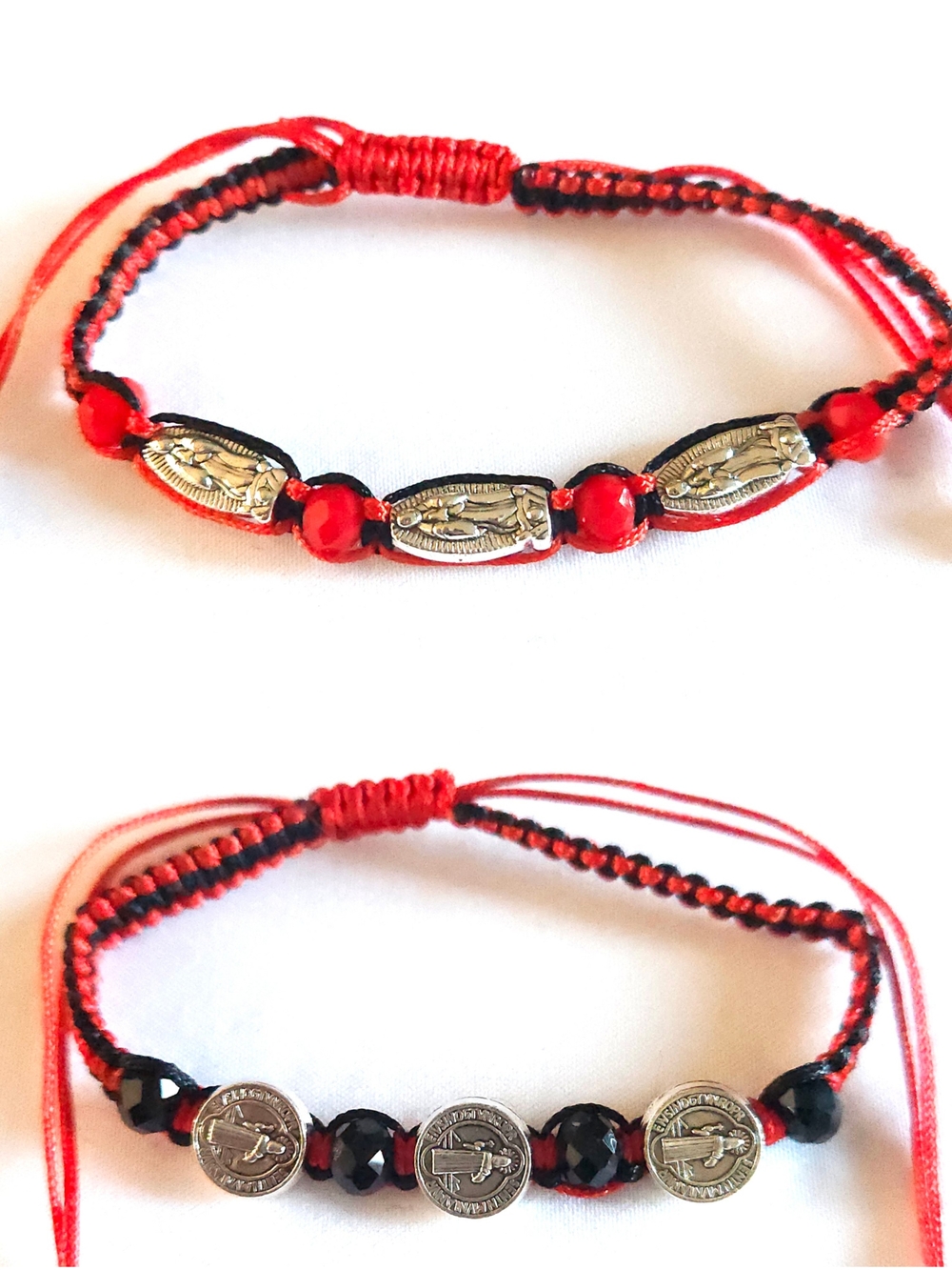 Red and Black Beaded Adjustable Cord Bracelet with Silver Medallions
